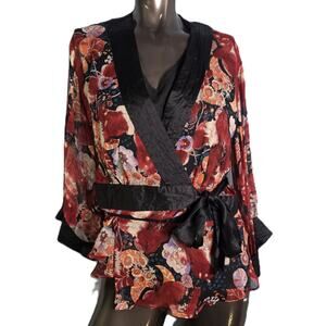 Vintage Ice Tank & Kimono Women's Red Black Abstract Floral Blouse Set - Large
